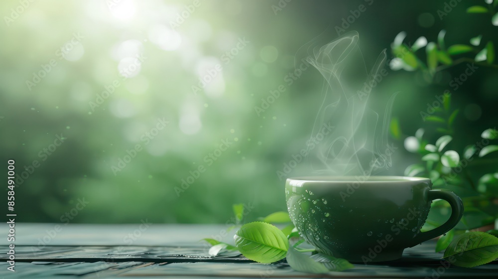 Poster a green mug with steam coming out of it sits on a wooden table. the leaves on the table are green an