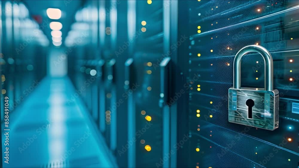 Poster secure server network guarded by a shiny lock on blue backdrop. concept secure servers, shiny lock, 