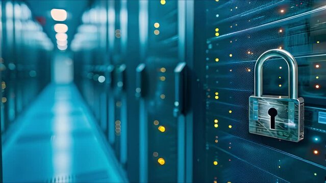 Secure server network guarded by a shiny lock on blue backdrop. Concept Secure Servers, Shiny Lock, Blue Backdrop