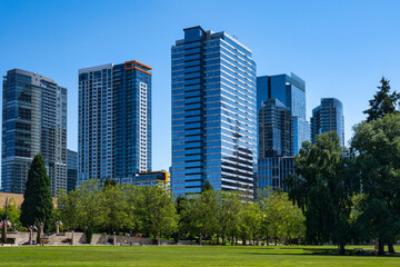 2024-06-21 DOWNTOWN BELLEVUE CITY HALL PARK WITH DOWNTOWN BUILDINGS AND A CLEAR BLUE SKY