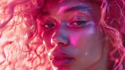 Fototapeta premium Close-up of woman's face with pink makeup and curly hair.
