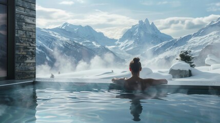 Naklejka premium Serene Mountain Escape with Woman Enjoying Infinity Pool