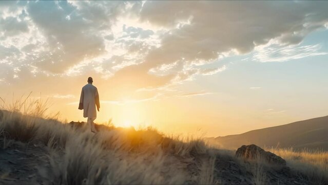 Religious man with a robe walking through arid wilderness during Lent. Concept Religious Man, Robe, Arid Wilderness, Lent, Spiritual Journey