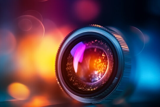 A close up of a camera lens with a bright orange glow surrounding it. The lens is the main focus of the image, and the orange glow adds a sense of drama and intensity to the scene