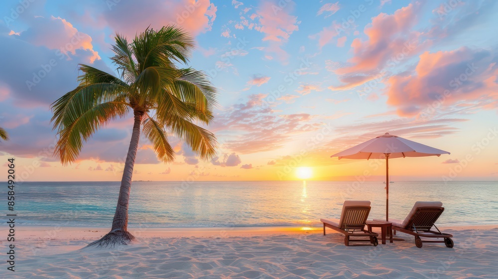 Leinwandbilder a beach scene with a palm tree and two lounge chairs. the sun is setting, creating a warm and relaxi