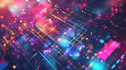 Obraz premium Neon colors and geometric shapes with particles in retro-futuristic abstract. Amazing wallpaper