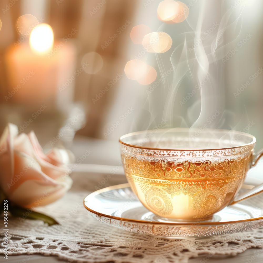 Poster a cup of tea sits on a saucer with a rose on the table. concept of relaxation and warmth