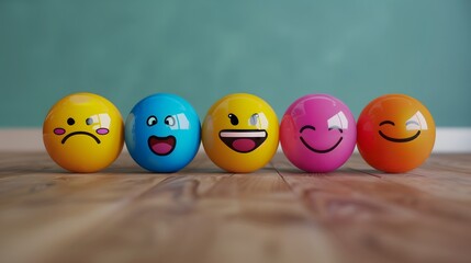 Five smiley faces ball smiling crying angry expression blur background Emoticon Faces Expressions Concept