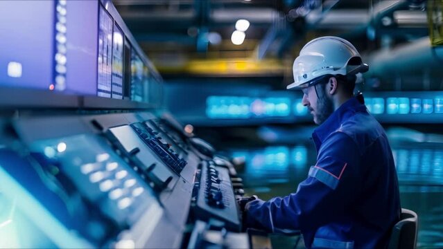 Engineers demonstrate expertise in clean energy production through oversight of hydroelectric plant control room. Concept Clean Energy Production, Engineers, Hydroelectric Plant