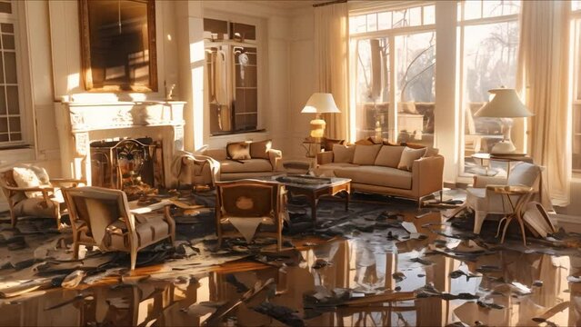 Fire damage to elegant home interior in a magazineworthy setting. Concept Fire Damage Restoration, Elegant Home Interior, Magazine-Worthy, Interior Design, Restoration Process