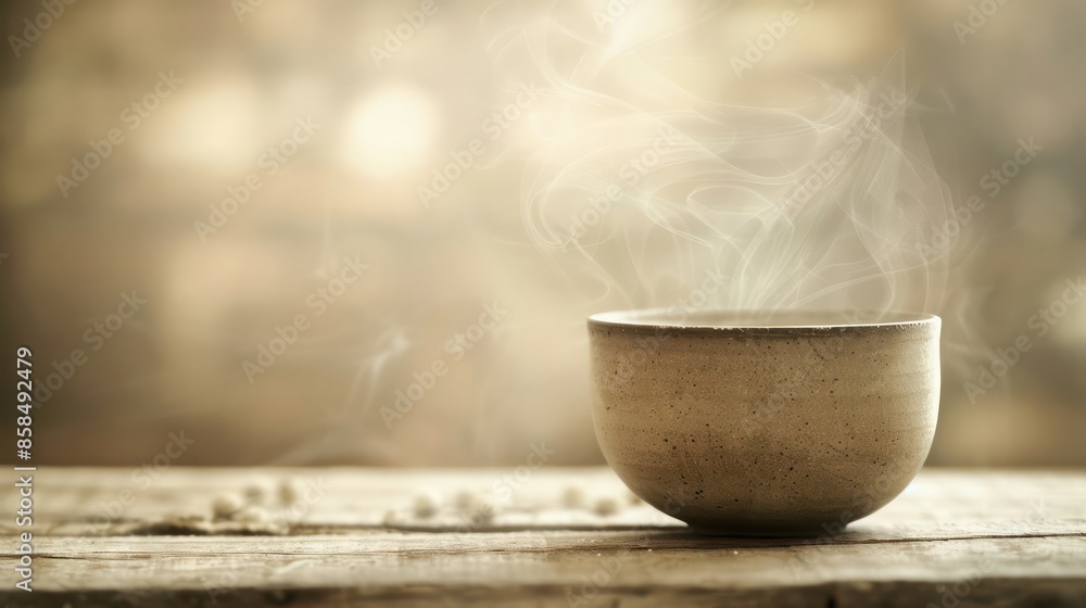 Poster a ceramic bowl with steam rising from it sits on a wooden table. the bowl is empty, and the steam is