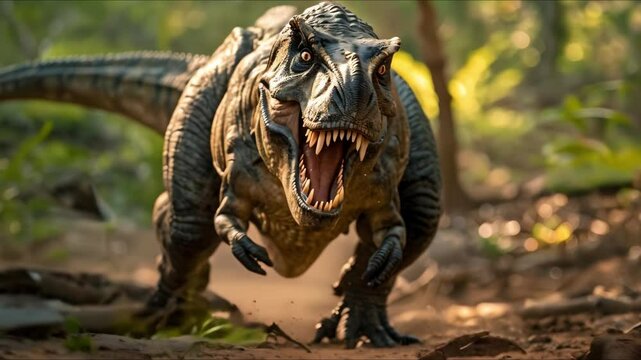 Unleashing primal terror: The TRex roars with deafening fury and fierce movements. Concept Dinosaurs, Thrilling Adventure, Paleontology, Jurassic Park, Prehistoric World