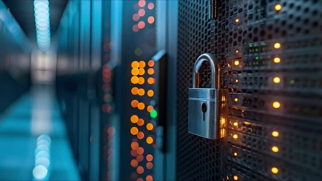 Guarded by a shiny lock: A secure server network on a blue backdrop. Concept Server Security, Network Protection, Data Encryption, Blue Technology Background, Shiny Lock Icon