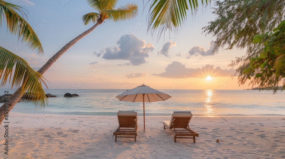 Poster a beach scene with two lounge chairs and an umbrella. the chairs are facing the ocean and the umbrel