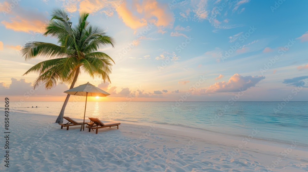 Fototapete a beach scene with a palm tree and two lounge chairs. the sun is setting, creating a warm and relaxi