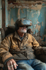 Fototapeta premium Elderly Man in VR Glasses in Old Apartment