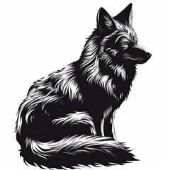 A black and white drawing of a wolf on a white background