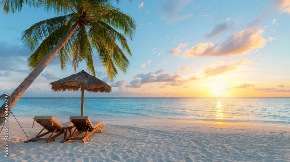 Aufkleber A beach scene with a palm tree and two lounge chairs. The sun is setting, creating a warm and relaxing atmosphere