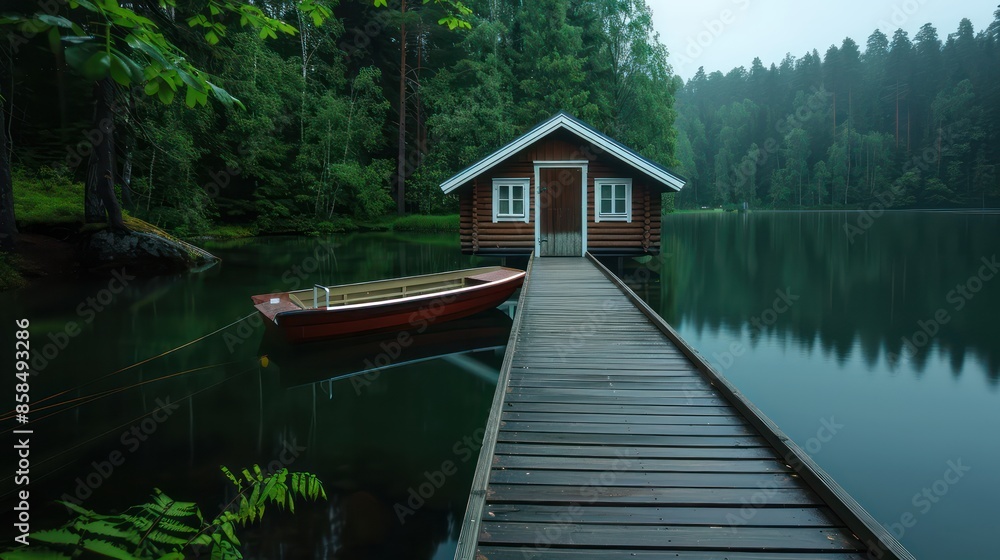 Poster a small cabin is on a dock next to a lake. the cabin is wooden and has a boat tied to it. the lake i