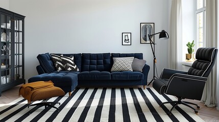A Scandinavian living room with a dark blue sofa, a recliner chair, and a striking black and white striped rug, creating a bold statement