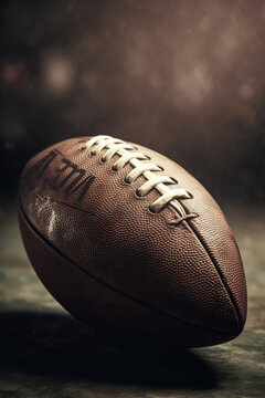 A football is laying on the grass. The ball is brown and has a white stripe. The grass is green and the field is open