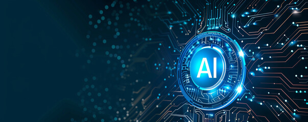 Abstract futuristic banner with circuit board and colorful AI icon on black background vector Illustration of digital technology concept. AI generated