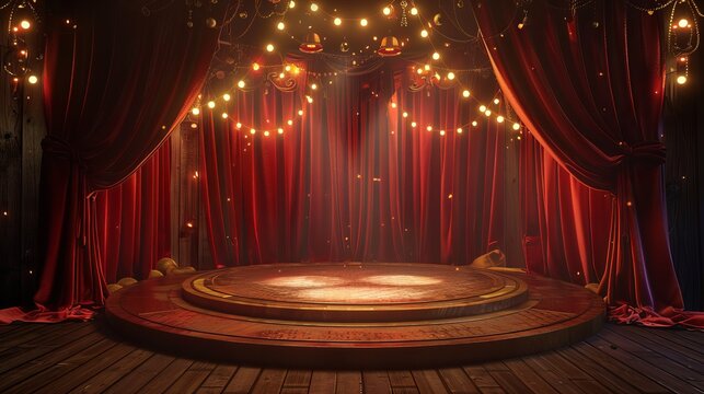 Join the circus adventure! Step into a magical tent with a round stage. Red curtains part to reveal a spotlight-bathed podium, ready for a dazzling show.