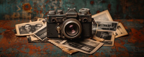 A vintage camera resting on top of a collection of black and white photographs