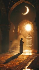 Religious muslim man praying inside the mosque. AI generated illustration