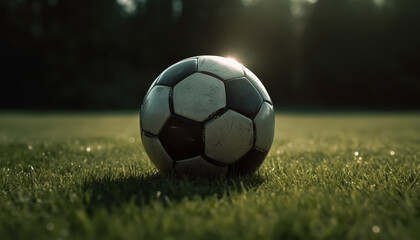 Fototapeta premium A soccer ball is sitting on a field of grass. The ball is surrounded by a field of green grass and the sky is blue