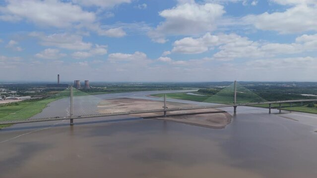 Aerial view of the Mersey Gateway Bridge connecting Runcorn and Widnes over the River Mersey