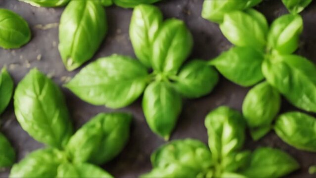 Overhead view of Genovese basil plants also known as sweet basil. Concept Herb gardening, Genovese basil, Sweet basil, Overhead view, Plant care