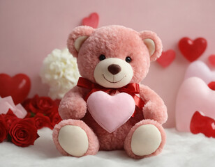 Pink teddy bear holding pink heart on white furry background