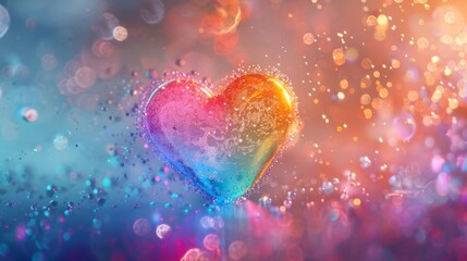 Vibrant colorful heart floats in abstract background. Bright hues and sparkles create a dreamy effect. Perfect for romantic and creative themes.