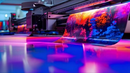 Operating Large Inkjet Printer Producing High-Quality Prints. Concept Large format printing, Inkjet technology, Printing process, High-quality output, Operating procedures