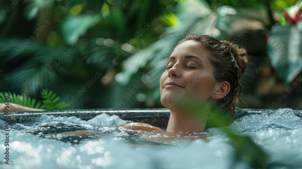 Wall mural beautiful woman with her eyes closed in a tropical spa pool, enjoying the serene setting and luxurio