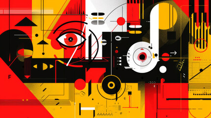 Deconstructed postmodern-inspired artwork featuring vector abstract symbols with bold geometric shapes. Ideal for web backgrounds, poster designs, magazine covers, hi-tech prints, and cover artwork.