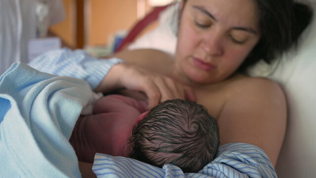 Mother breastfeeds newborn baby for the first time at hospital clinic, authentic real life mom feeding her infant in the first minutes of life, maternal care and growth - Powered by Adobe