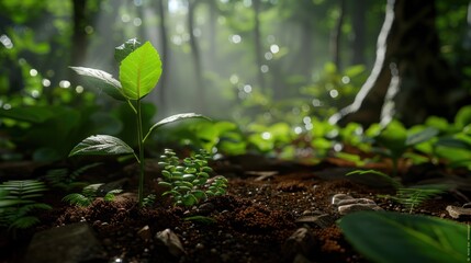 The green sprout of a tree under the sunlight in a dense forest demonstrates the growth and development of nature in a vibrant landscape.