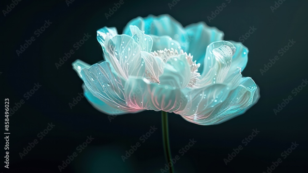 Poster a flower with a blue hue is the main focus of the image. the flower is surrounded by a dark backgrou