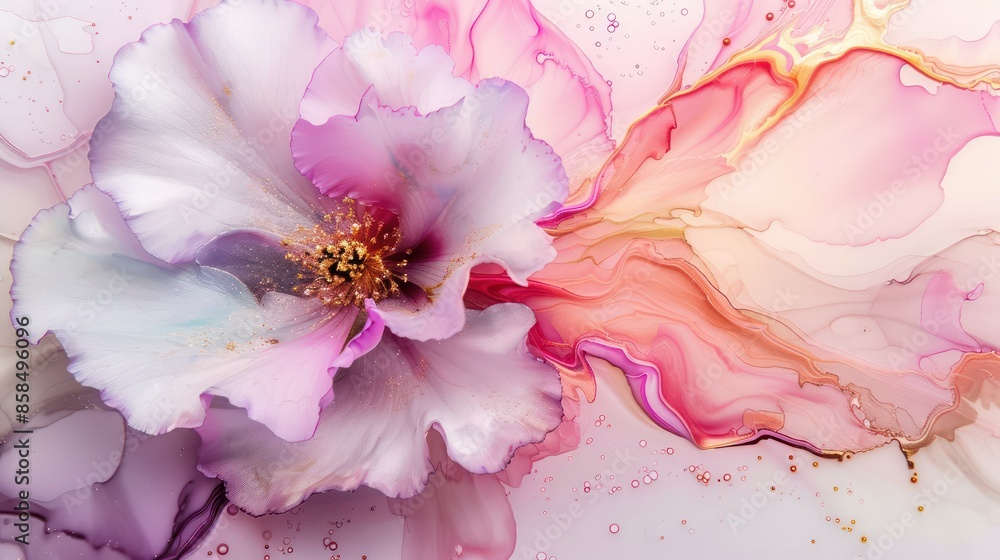 Poster a flower with gold and pink colors. the flower is the main focus of the image, and the swirl adds a 
