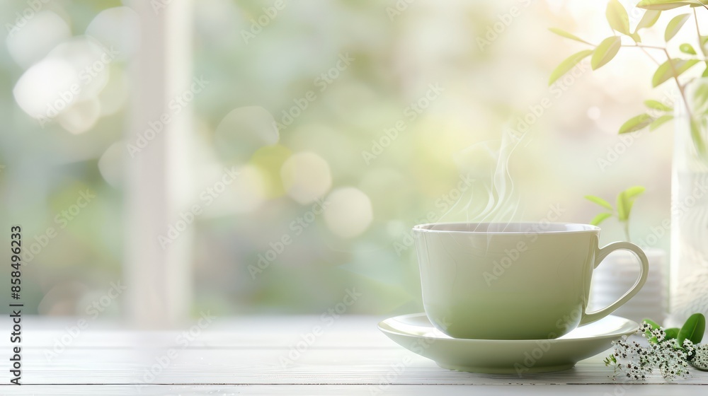 Poster a white coffee cup with steam rising from it sits on a saucer on a wooden table. the scene is peacef