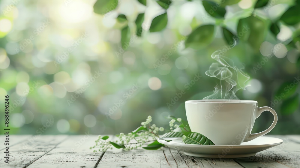 Aufkleber a white cup of tea sits on a wooden table with leaves on the table. the steam from the tea is rising