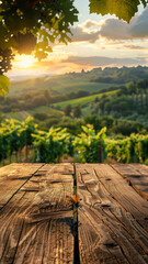 Obraz premium Rustic Wooden Table Setting with Tuscan Vineyard View
