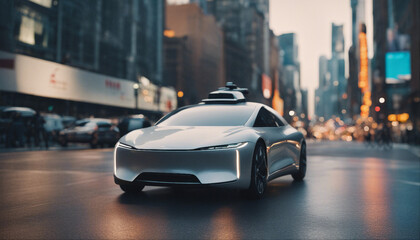 Autonomous Vehicle Navigating Bustling Cityscape