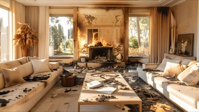 Elegant Home Interior Damage by Fire in a Magazine-Worthy Setting. Concept Elegant Interior, Home Damage, Fire Damage, Magazine-Worthy, Setting