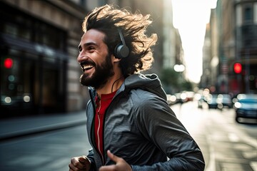A man wearing headphones is running in the street.