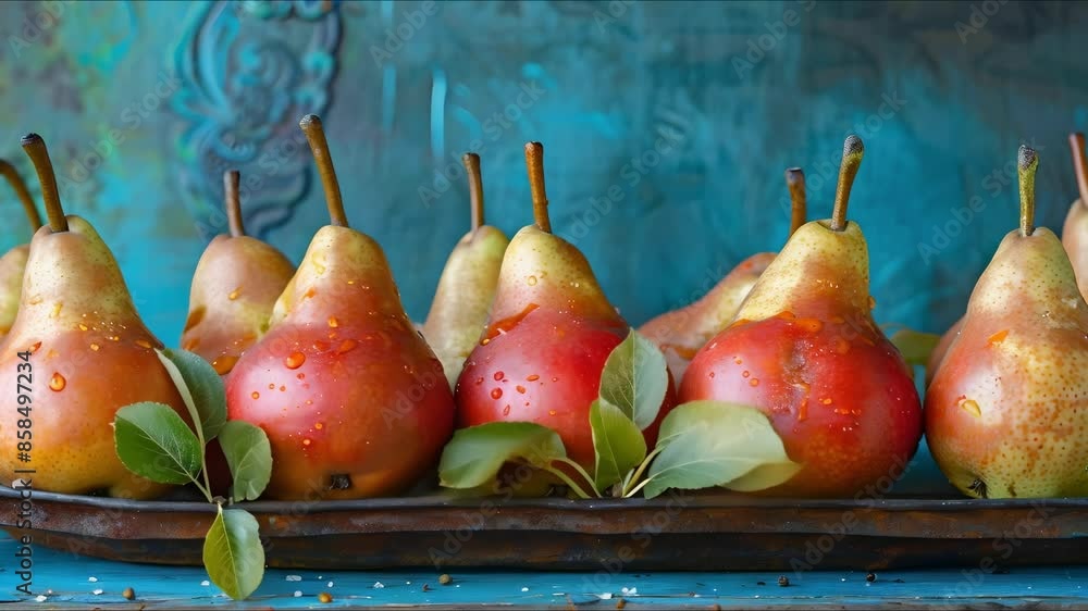Aufkleber different types of pears presented on a rustic table against a blue backdrop with decorations. conce