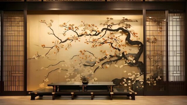 Elegant and Luxurious Modern Japanese Ukiyoe Folding Screen. Concept Home Decor, Japanese Art, Traditional Design, Luxury Interior, Elegant Furniture