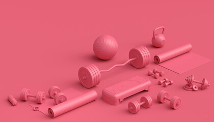 Isometric view of sport equipment like kettlebell, fitness ball and yoga mat
